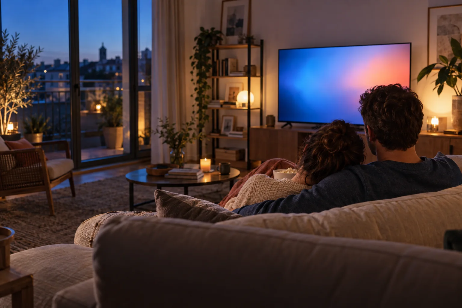 Pareja disfrutando de una noche de entretenimiento en casa